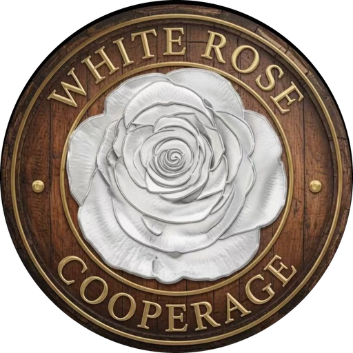 White Rose Cooperage emblem: a silver rose on an oak cask head